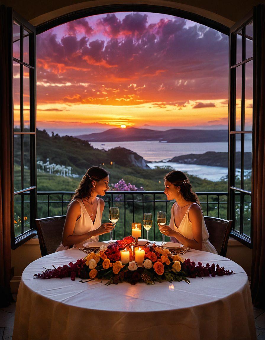 A cozy candlelit dinner setting with an elegant table adorned with flowers, two wine glasses, and a heart-shaped dessert in the center. In the background, a picturesque sunset view through a large window, creating a warm and intimate atmosphere. Two silhouettes of a couple are seen whispering sweet nothings to each other. super-realistic. vibrant colors. warm tones.