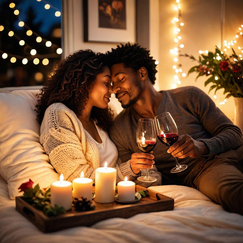 A cozy candle-lit scene depicting a couple sharing an intimate moment, surrounded by soft pillows and warm blankets, showcasing playful flirtation with their body language. Include elements like a bottle of wine, glasses, and blurred soft-toned fairy lights in the background to evoke warmth and passion. The overall atmosphere should be romantic and inviting. super-realistic. warm colors. soft focus.